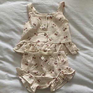 Girls Cream Cherry Print Ruffle Tank & Shorts Set
